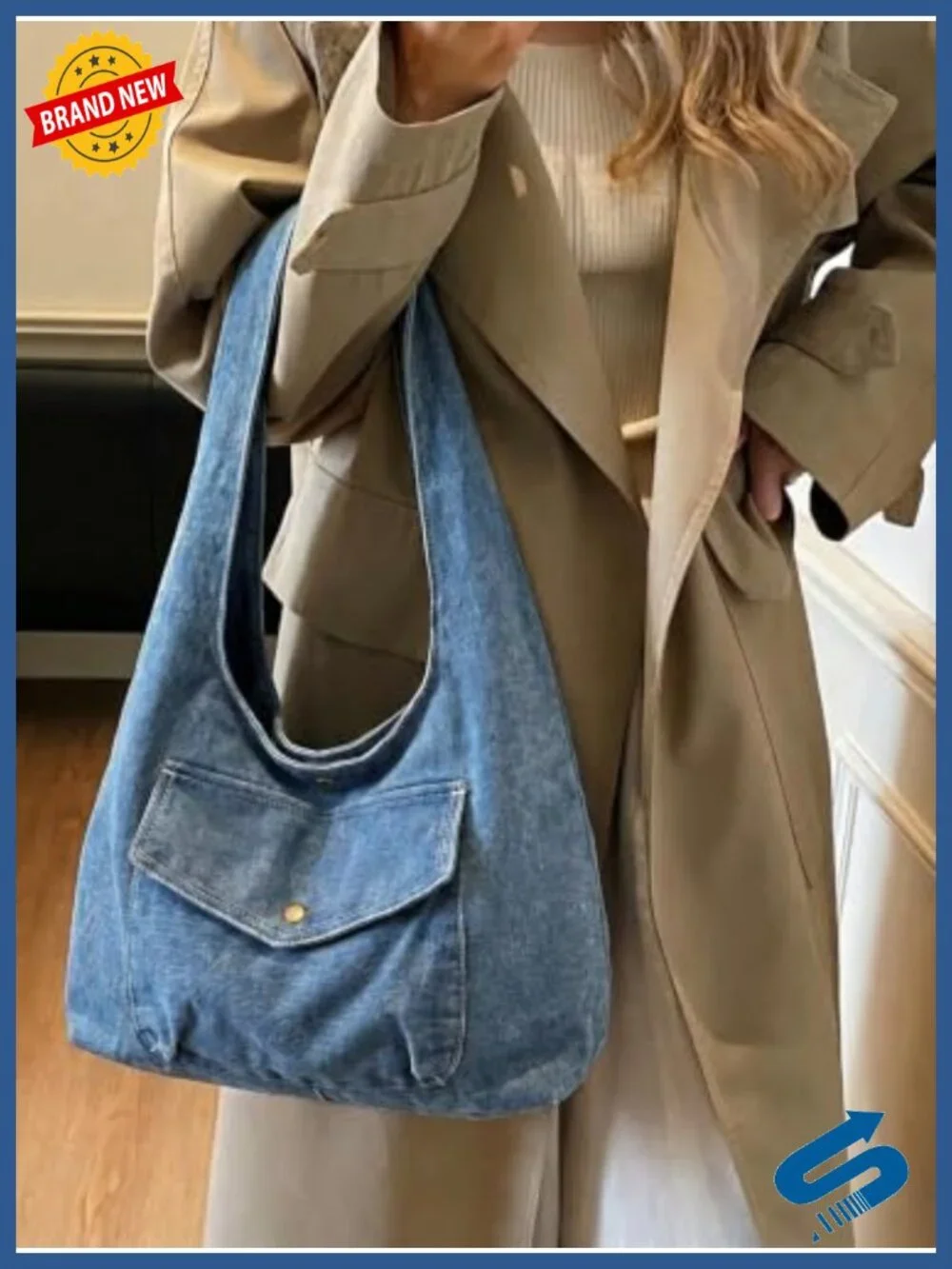 Denim Hobo Tote Bag Large Capacity Reversible Shoulder Purse